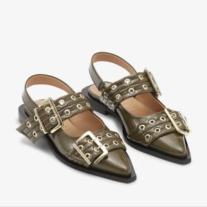 NEW $425 Ganni Olive Green Buckle Ballerina Flats Size 36